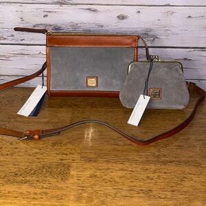 Dooney & Bourke suede crossbody/shoulder bag & gray suede kiss lock card holder.